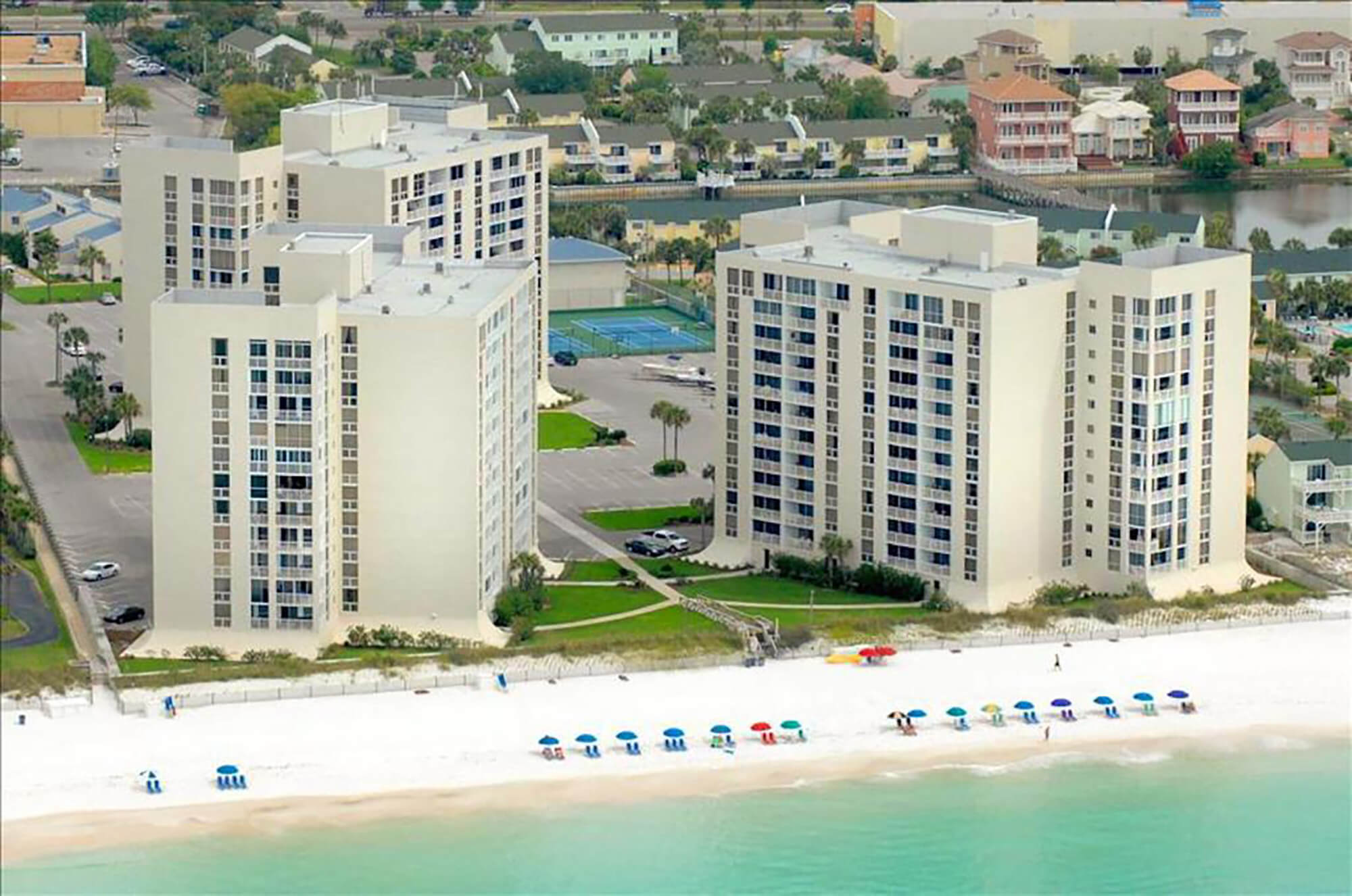 An aerial view of the Shoreline Towers