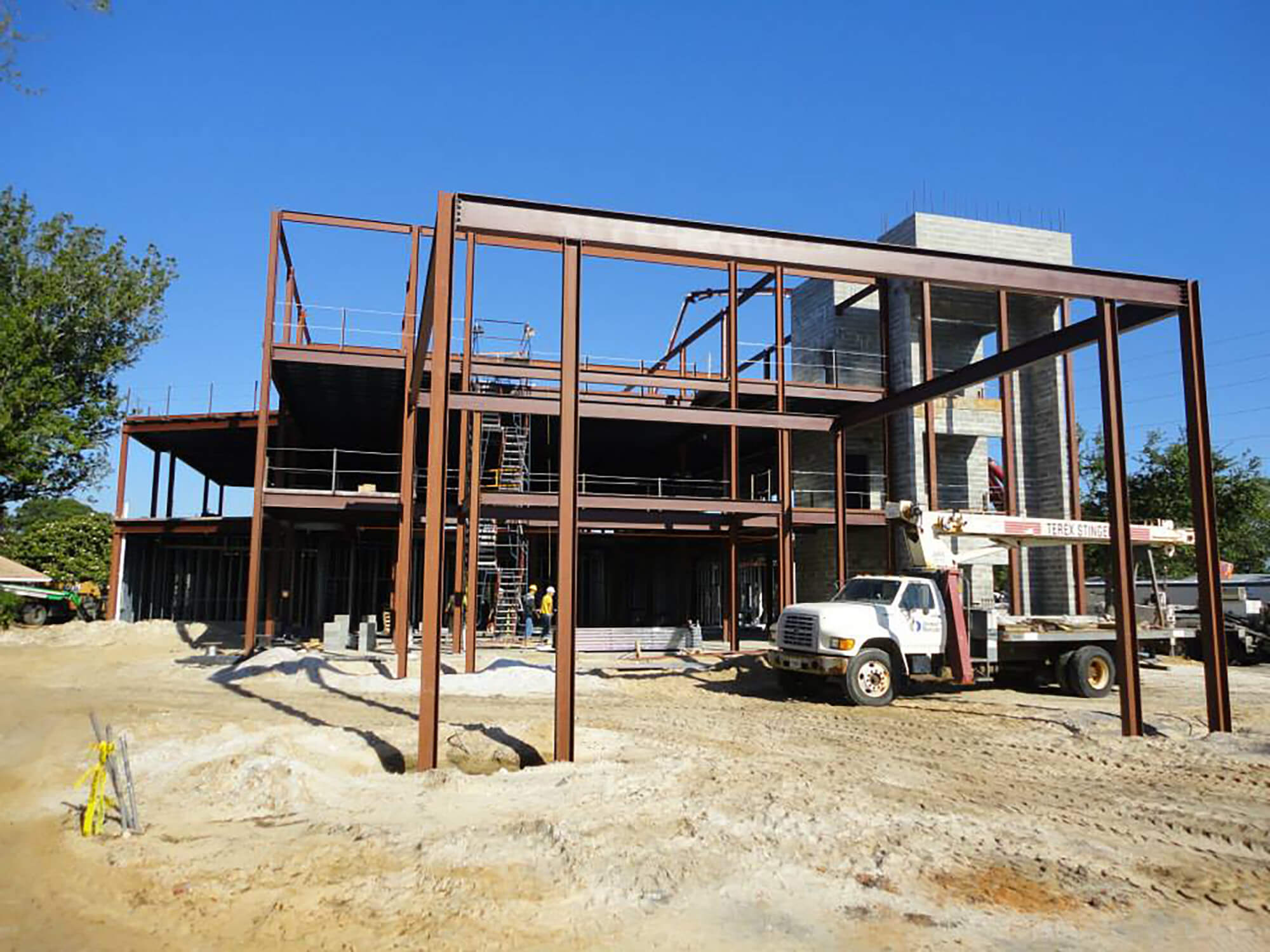 The steel frame of a multi-story building under construction