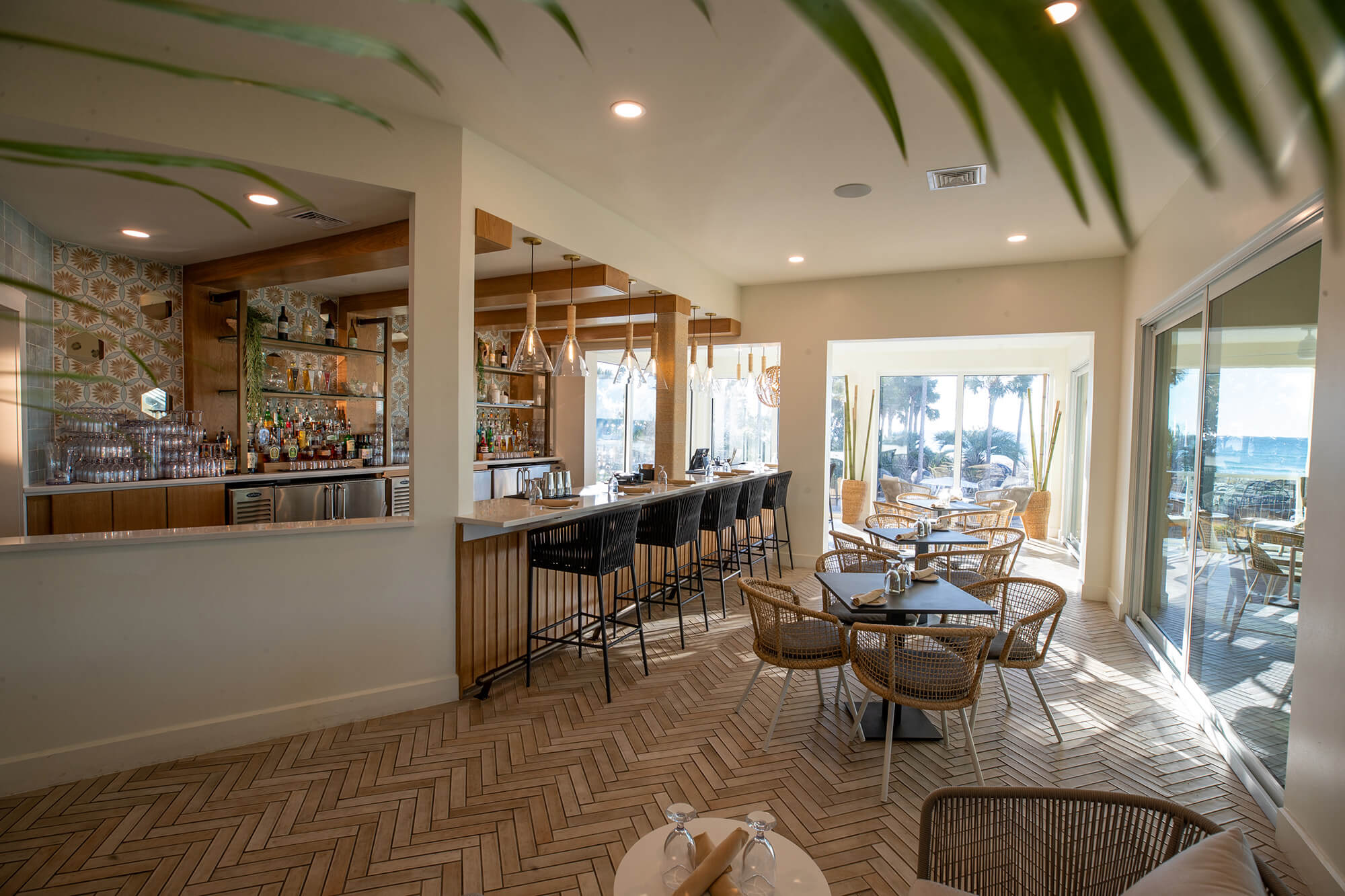 A side view of the Beach club bar and seating area