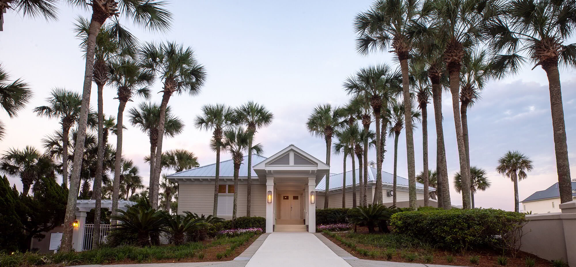 Entrance to the Beach Club, lined by palm trees