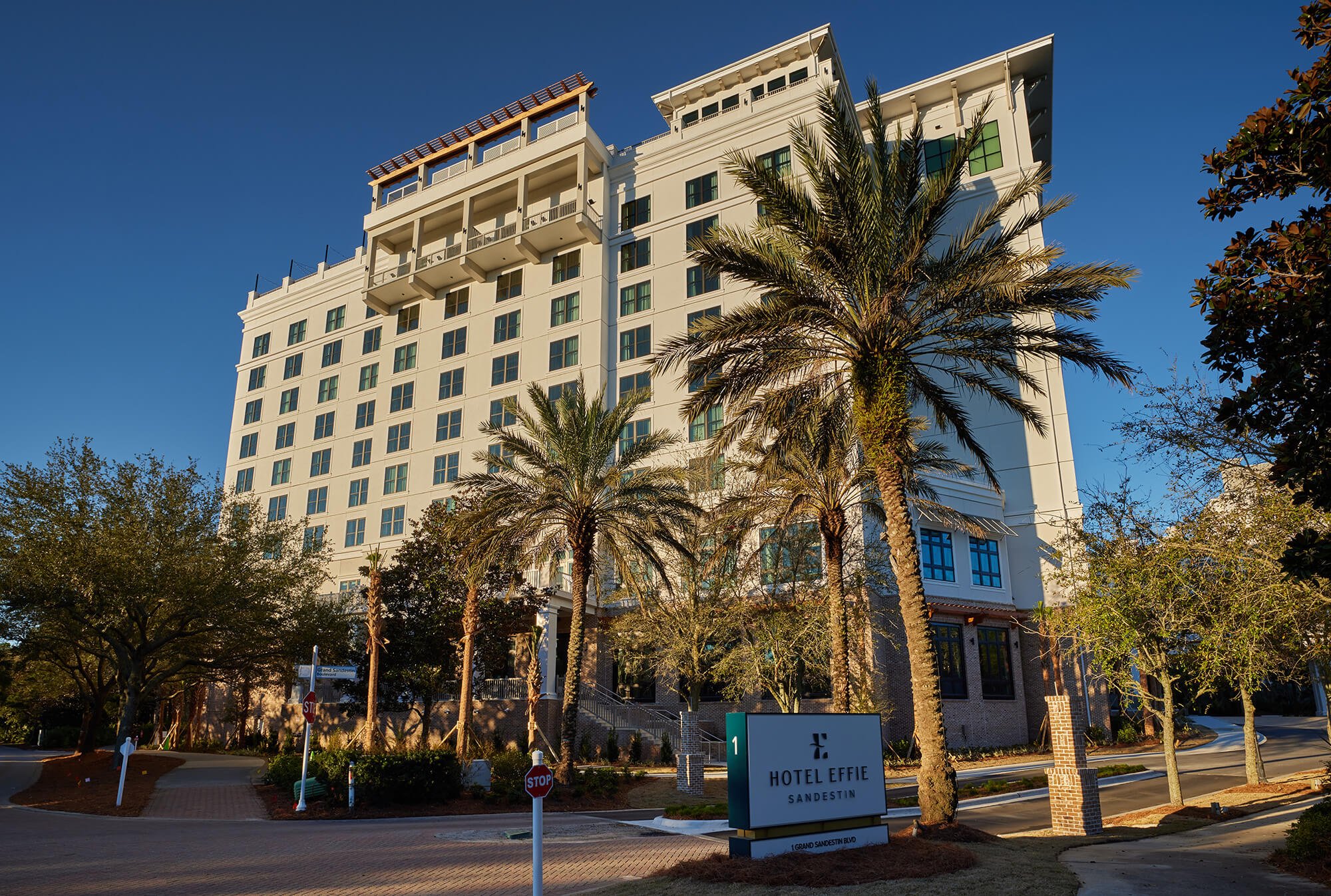 Exterior view of the Hotel Effie in the day time, with palm trees lining the street
