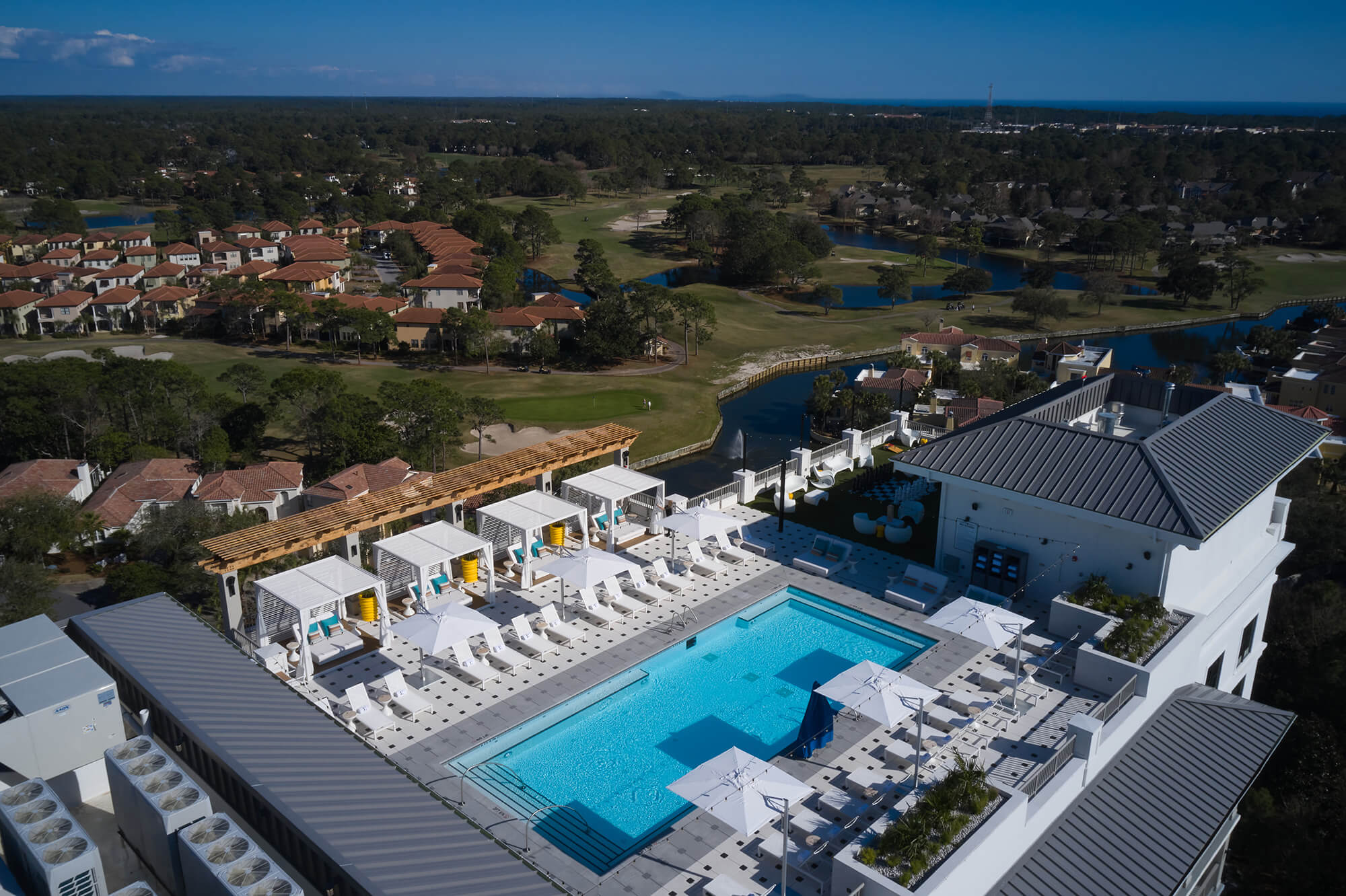 An aerial view of the rooftop pool at the Hotel Effie